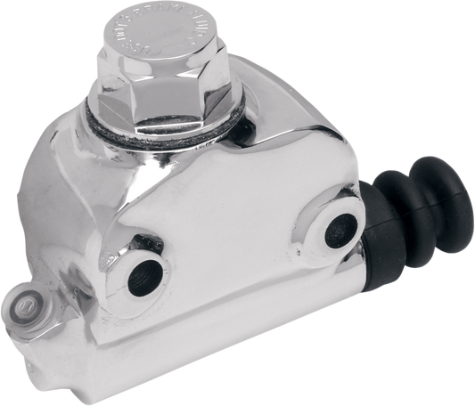 Chrome finish DRAG SPECIALTIES rear master cylinder for motorcycles, with detailed components visible.