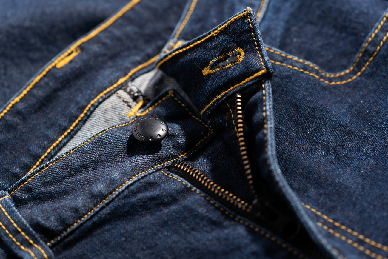 Blue ICON Uparmor™ Jean by Bill's Exhausts, showcasing the denim fabric and classic fit in size 34.