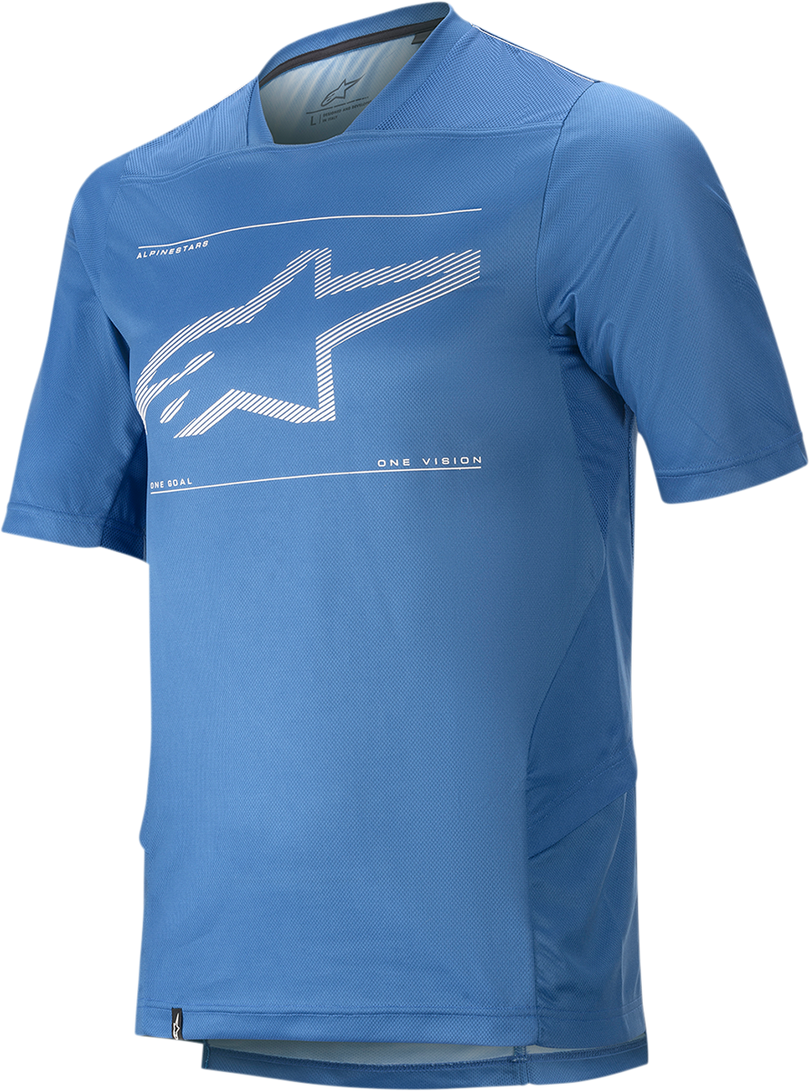 Alpinestars Drop 6.0 blue short-sleeve jersey with bold logo, large size, designed for motorcycle riding comfort.