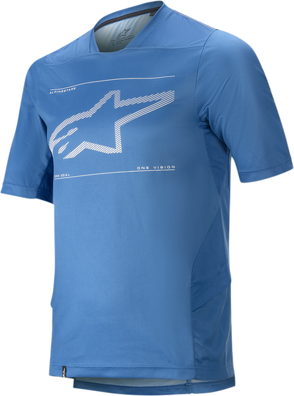 Blue Alpinestars Drop 6.0 short-sleeve motorcycle jersey, small size, featuring the brand logo and lightweight fabric.