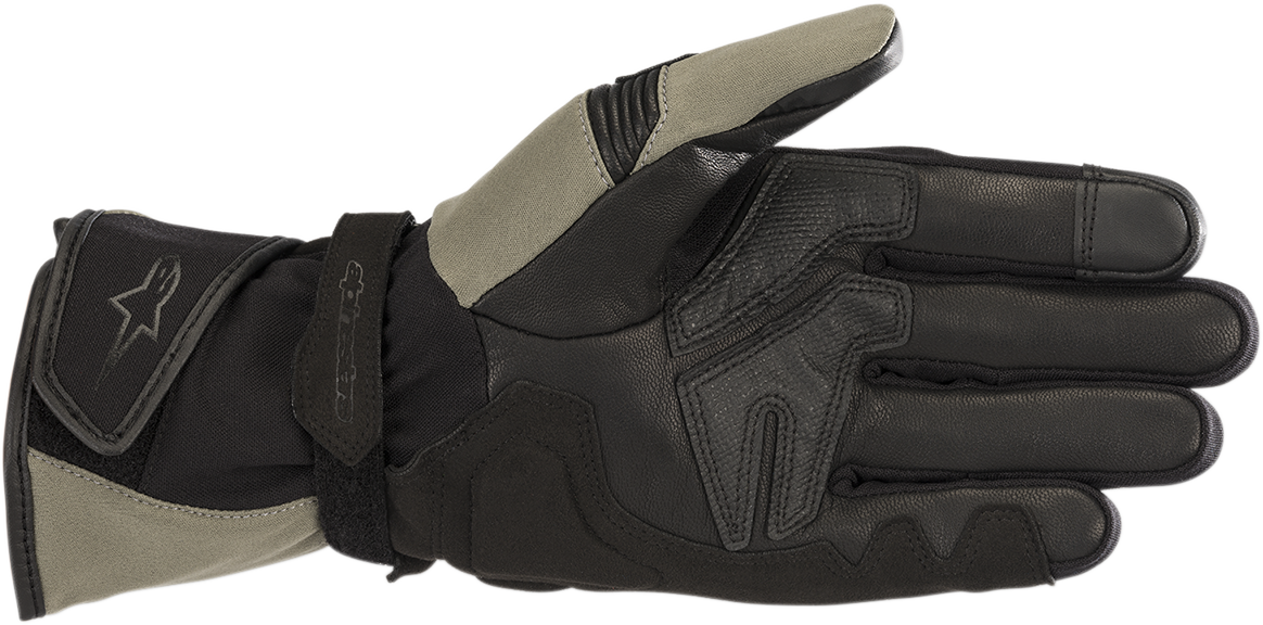 Alpinestars Andes Touring Outdry gloves in military green and black, small size, showing textured leather and protective features.