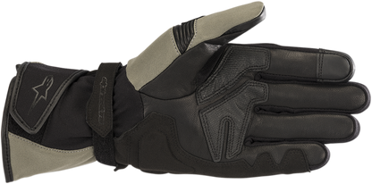 Alpinestars Andes Touring Outdry gloves in military green and black, small size, showing textured leather and protective features.