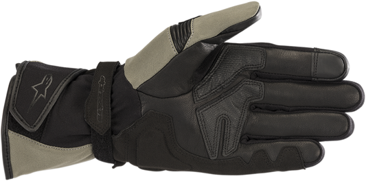 Alpinestars Andes Touring Outdry gloves in military green and black, small size, showing textured leather and protective features.