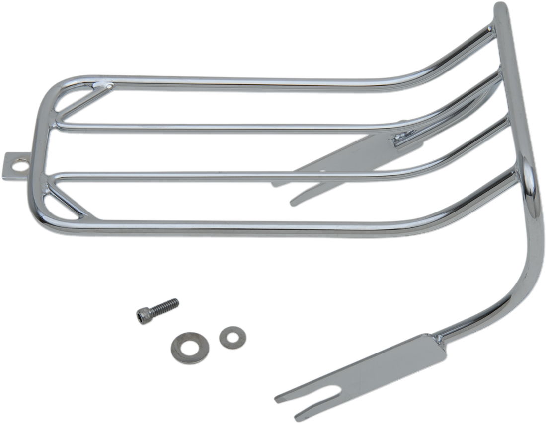 Drag Specialties FXST/FXWG luggage rack with chrome finish, mounting hardware, and sturdy metal construction for motorcycle touring.