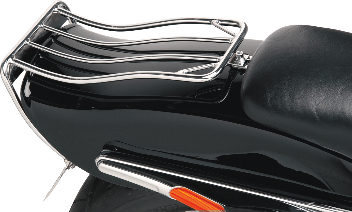 DRAG SPECIALTIES FXST luggage rack for Bobtail fenders, black metal with mounting brackets, designed for Harley-Davidson FXST models.