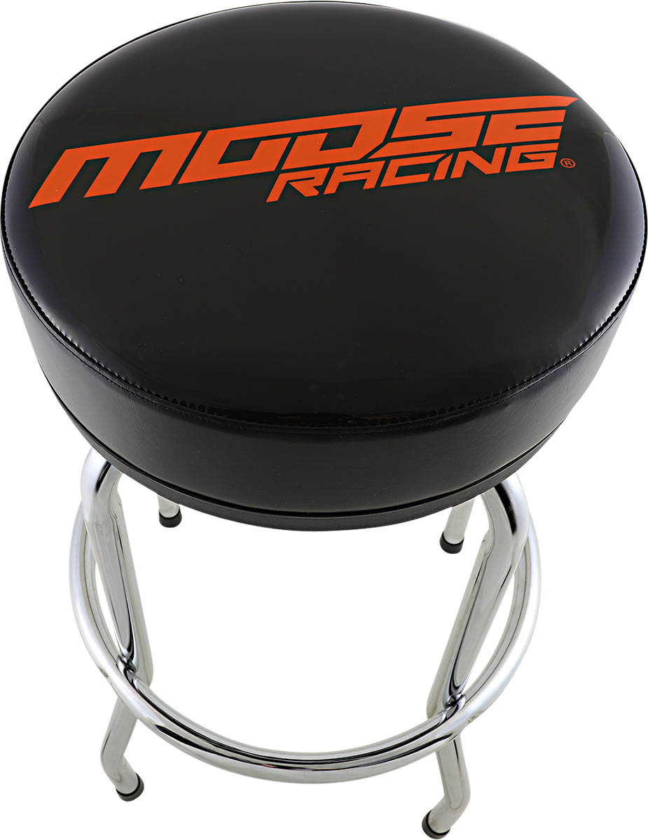Black and orange Moose Offroad Bar Stool with Moose Racing branding, featuring a sturdy design and padded seat for comfort.