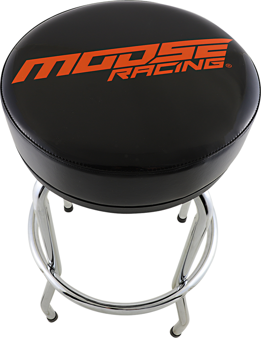 Black and orange Moose Offroad Bar Stool with Moose Racing branding, featuring a sturdy design and padded seat for comfort.