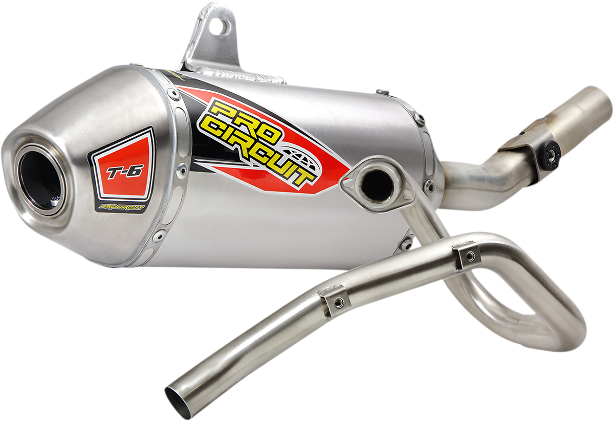 Stainless steel PRO CIRCUIT T-6 exhaust for KLX230R motorcycle, showing the polished exhaust pipe and mounting details.
