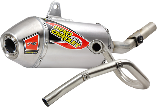 Stainless steel PRO CIRCUIT T-6 exhaust for KLX230R motorcycle, showing the polished exhaust pipe and mounting details.