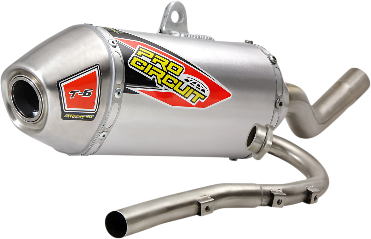 Stainless steel PRO CIRCUIT T-6 exhaust system installed on Kawasaki KLX300R off-road motorcycle, showcasing the sleek design and branding.