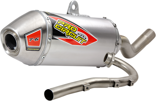 Stainless steel PRO CIRCUIT T-6 exhaust system installed on Kawasaki KLX300R off-road motorcycle, showcasing the sleek design and branding.