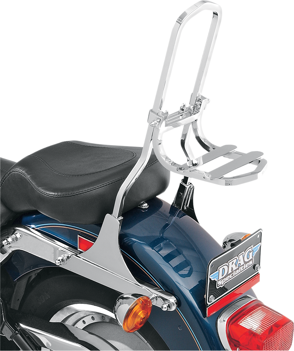 Drag Specialties Sissy Bar Luggage Rack for tall square sissy bars, black metal motorcycle luggage rack with mounting hardware.