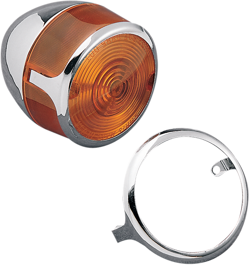 Chrome turn signal lens trim for motorcycles by DRAG SPECIALTIES, shown on a vehicle with a shiny finish.