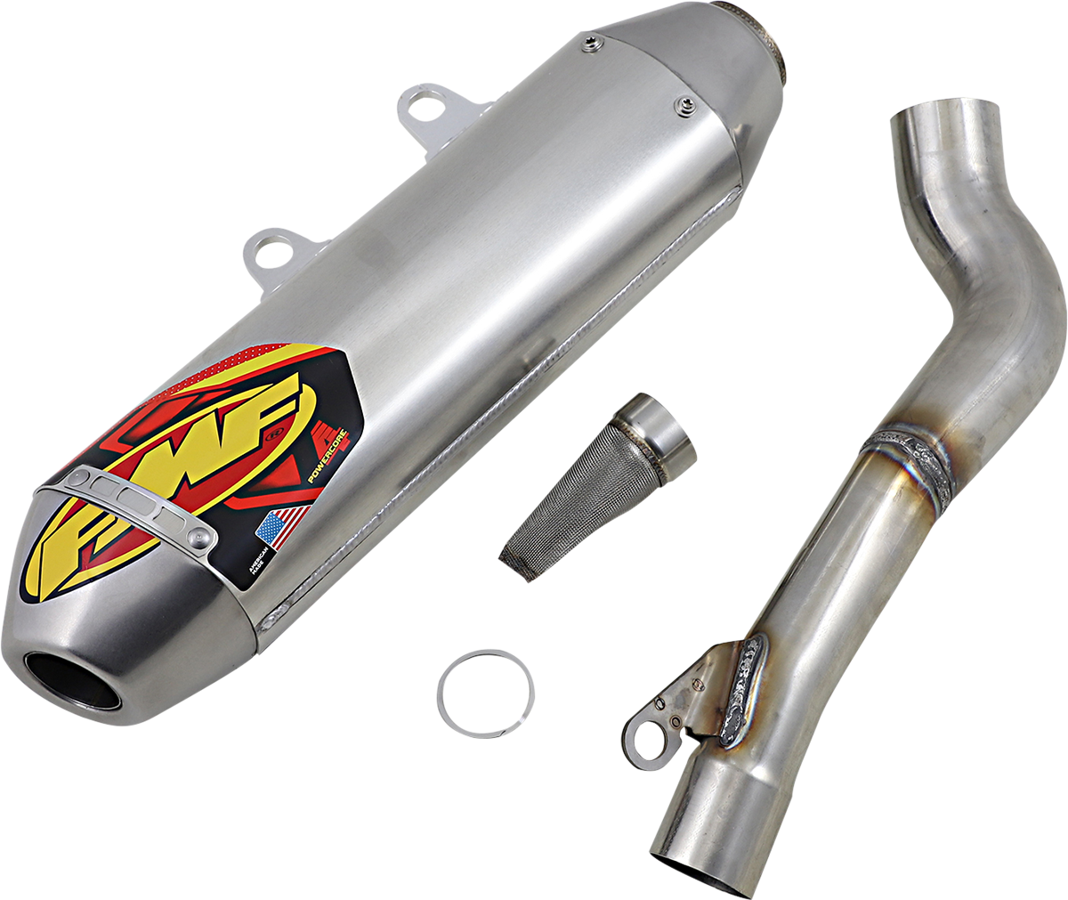 FMF Powercore 4 HEX muffler for high-performance motorcycle exhaust, showcasing its durable, polished metal finish and compact design.