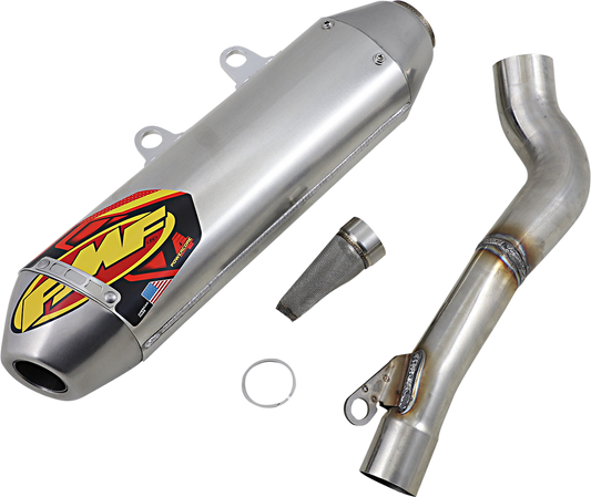FMF Powercore 4 HEX muffler for high-performance motorcycle exhaust, showcasing its durable, polished metal finish and compact design.