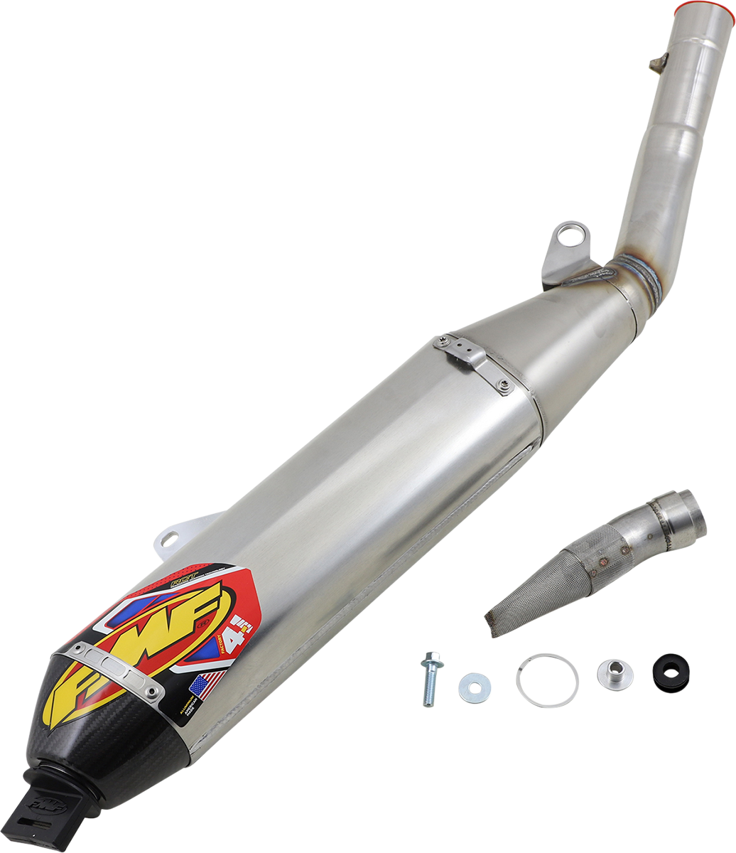Aluminum FMF Factory 4.1 RCT muffler with sleek design, showcasing the FMF branding and polished surface.
