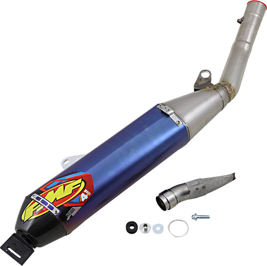 FMF Factory 4.1 RCT Titanium muffler with anodized finish, shown in a sleek, polished design.
