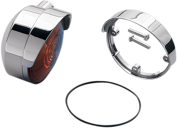 Chrome die-cast turn signal visor for motorcycle front and rear signals by DRAG SPECIALTIES, shown on a motorcycle.