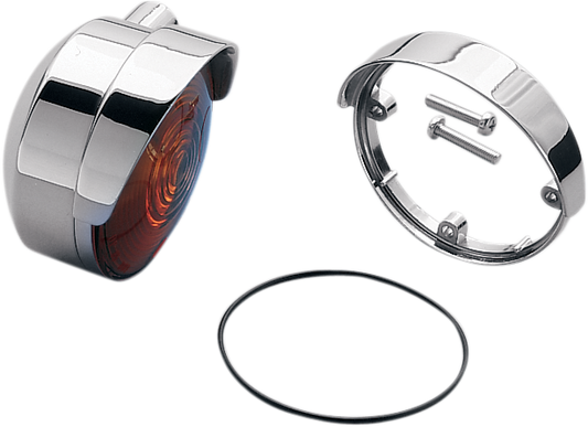 Chrome die-cast turn signal visor for motorcycle front and rear signals by DRAG SPECIALTIES, shown on a motorcycle.