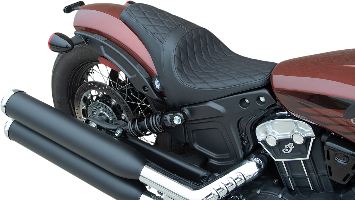 Black Diamond Stitch 3/4 Solo Seat for 2018-2022 Scout Bobber by Drag Specialties, showcasing the sleek design and stitching details.
