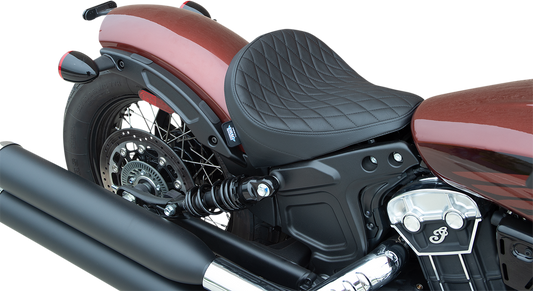 Black diamond vinyl solo seat by Drag Specialties Seats, designed for motorcycle comfort and style.