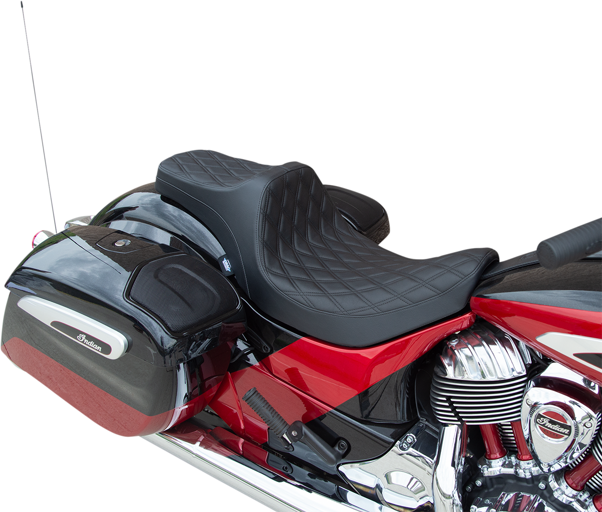 Black Predator III double diamond seat by Drag Specialties for Indian motorcycles 2014-2022 with stitching details