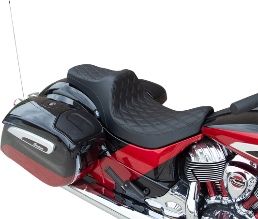 Black Predator III double diamond seat by Drag Specialties for Indian motorcycles 2014-2022 with stitching details