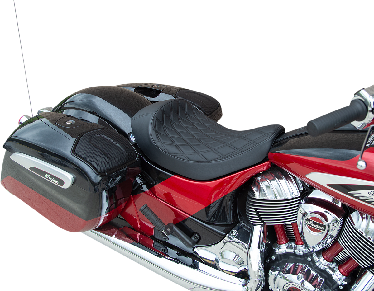 Drag Specialties solo seat with black stitching for Indian motorcycles 2014-2022, featuring double diamond pattern.