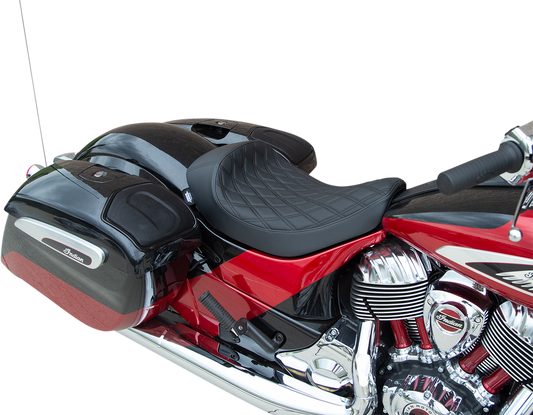 Drag Specialties solo seat with black stitching for Indian motorcycles 2014-2022, featuring double diamond pattern.