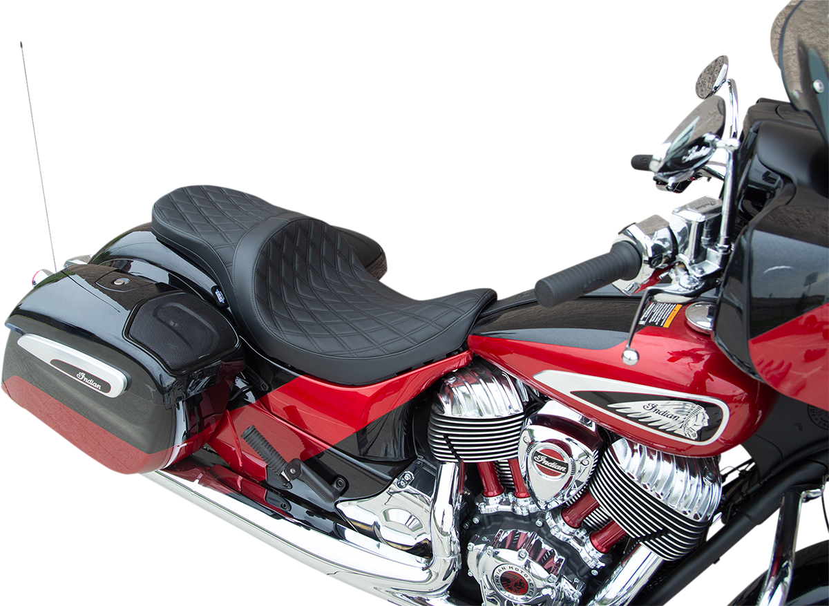 Low profile touring seat by Drag Specialties Seats with black stitching, designed for Indian motorcycles 2014-2022, part #0810-2258.