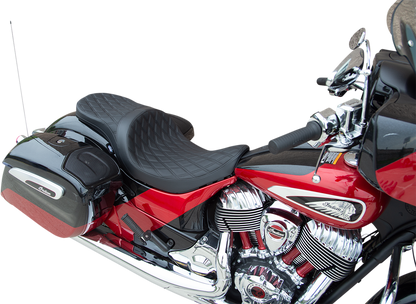 Low profile touring seat by Drag Specialties Seats with black stitching, designed for Indian motorcycles 2014-2022, part #0810-2258.