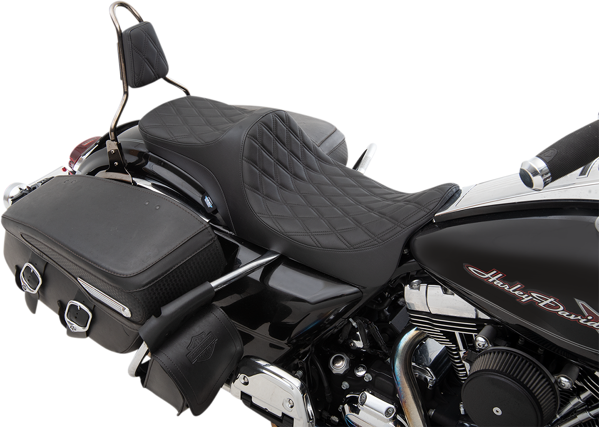 Black Drag Specialties Predator III 2-up motorcycle seat with double diamond stitching for Harley-Davidson FL models 2008-2023.