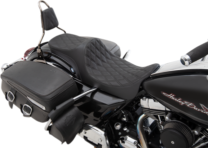 Black Drag Specialties Predator III 2-up motorcycle seat with double diamond stitching for Harley-Davidson FL models 2008-2023.