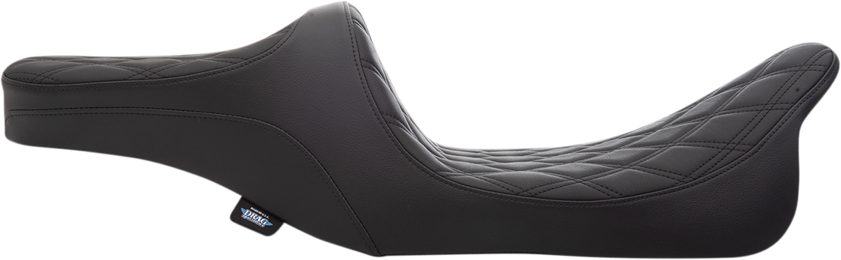 Black Drag Specialties Predator III 2-up motorcycle seat for Harley-Davidson FL 1999-2007 with double diamond pattern and black thread.