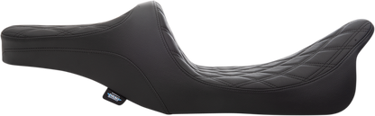 Black Drag Specialties Predator III 2-up motorcycle seat for Harley-Davidson FL 1999-2007 with double diamond pattern and black thread.
