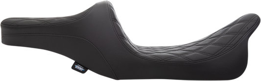 Black Drag Specialties Predator III 2-up motorcycle seat for Harley-Davidson FL 1999-2007 with double diamond pattern and black thread.