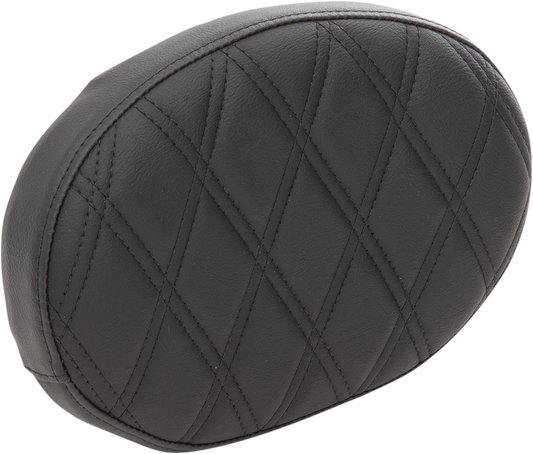 Oval sissy bar pad from Drag Specialties Seats with black double diamond stitching for Harley FL models 1999-2022.