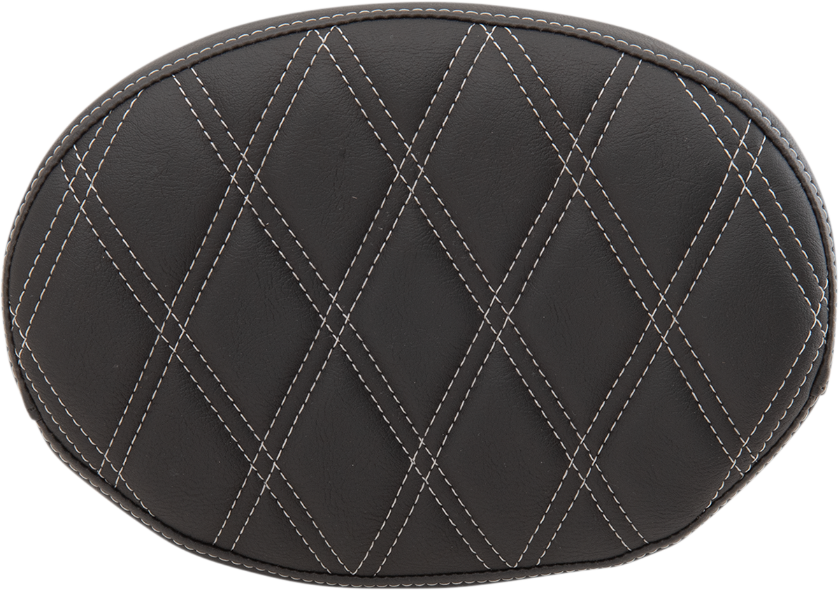Drag Specialties Oval Sissy Bar Pad with Double Diamond Silver Stitch for Harley FL 1999-2022, featuring stylish silver stitched design.