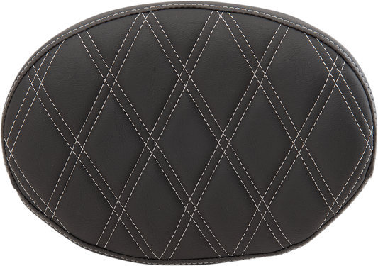Drag Specialties Oval Sissy Bar Pad with Double Diamond Silver Stitch for Harley FL 1999-2022, featuring stylish silver stitched design.