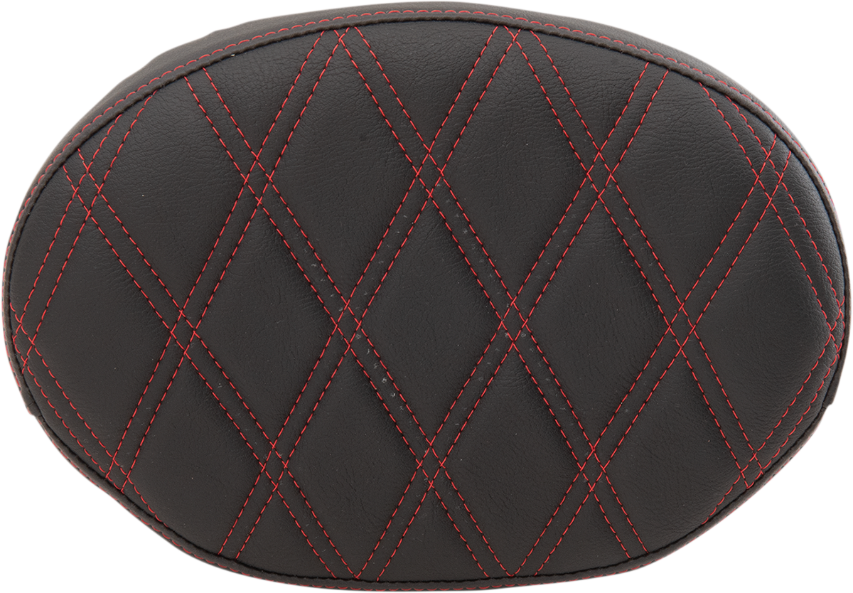 Drag Specialties oval sissy bar pad with double diamond pattern and red stitching for Harley Davidson FL models 1999-2022.