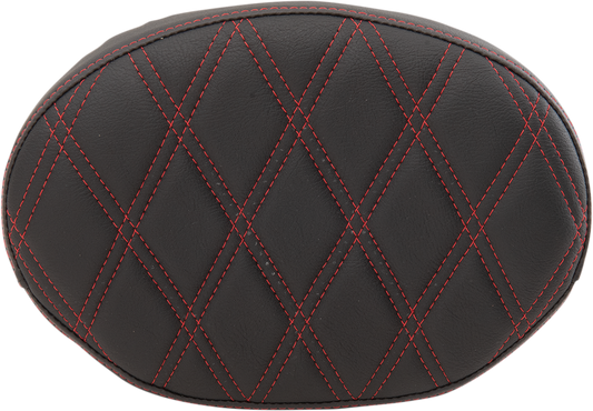 Drag Specialties oval sissy bar pad with double diamond pattern and red stitching for Harley Davidson FL models 1999-2022.