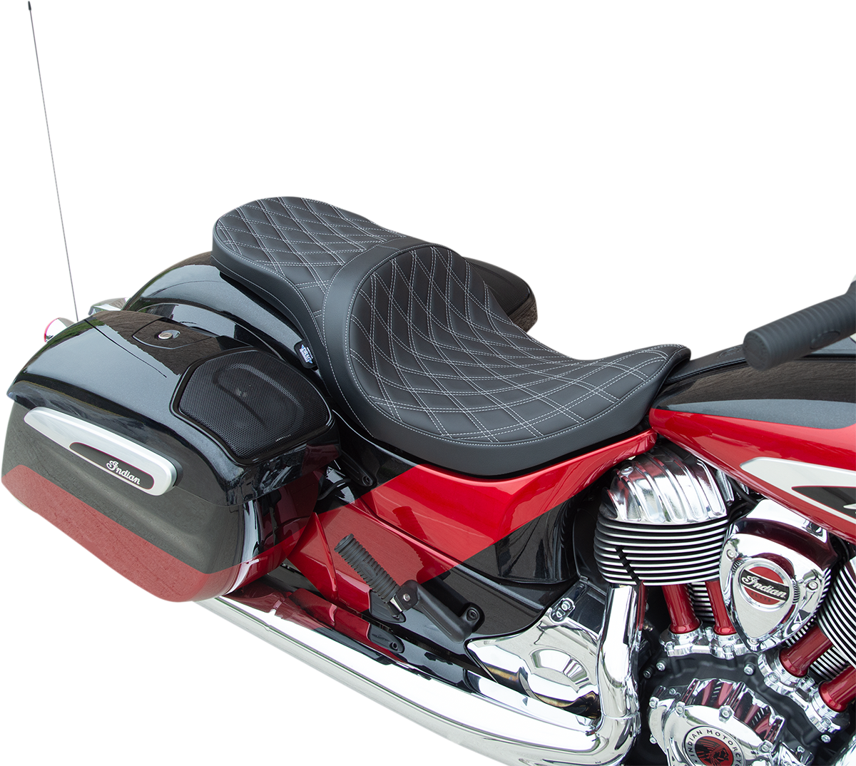 Drag Specialties low profile touring seat with silver stitching for Indian motorcycles, model years 2014-2022, shown on bike.