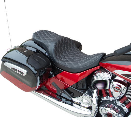 Drag Specialties low profile touring seat with silver stitching for Indian motorcycles, model years 2014-2022, shown on bike.