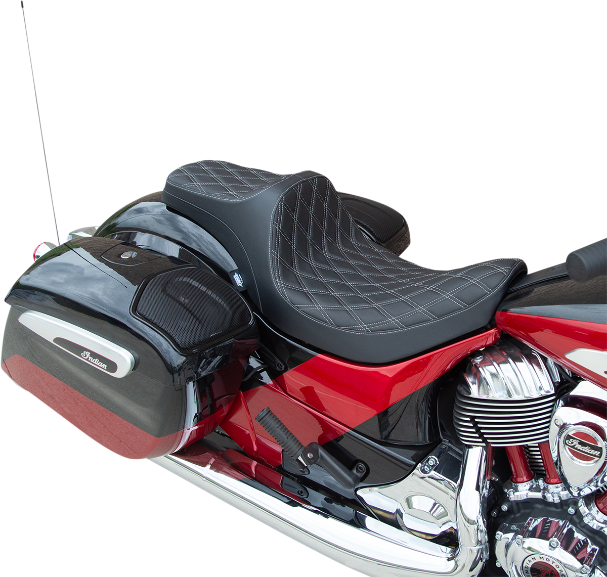 DRAG SPECIALTIES SEATS Predator III motorcycle seat for Indian 2014-2022 with double diamond silver stitching and contoured design.