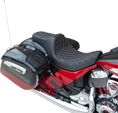 DRAG SPECIALTIES SEATS Predator III motorcycle seat for Indian 2014-2022 with double diamond silver stitching and contoured design.