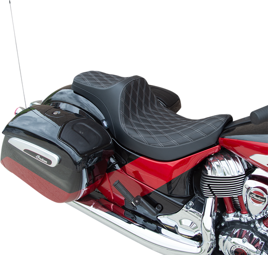 DRAG SPECIALTIES SEATS Predator III motorcycle seat for Indian 2014-2022 with double diamond silver stitching and contoured design.