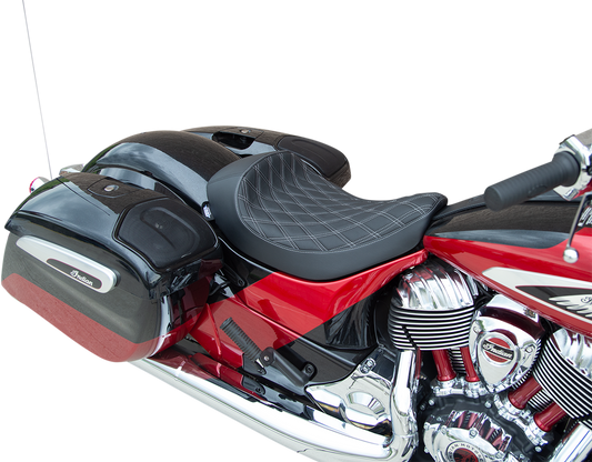 Drag Specialties Solo Seat with Double Diamond stitching and silver accents for Indian motorcycles 2014-2022.