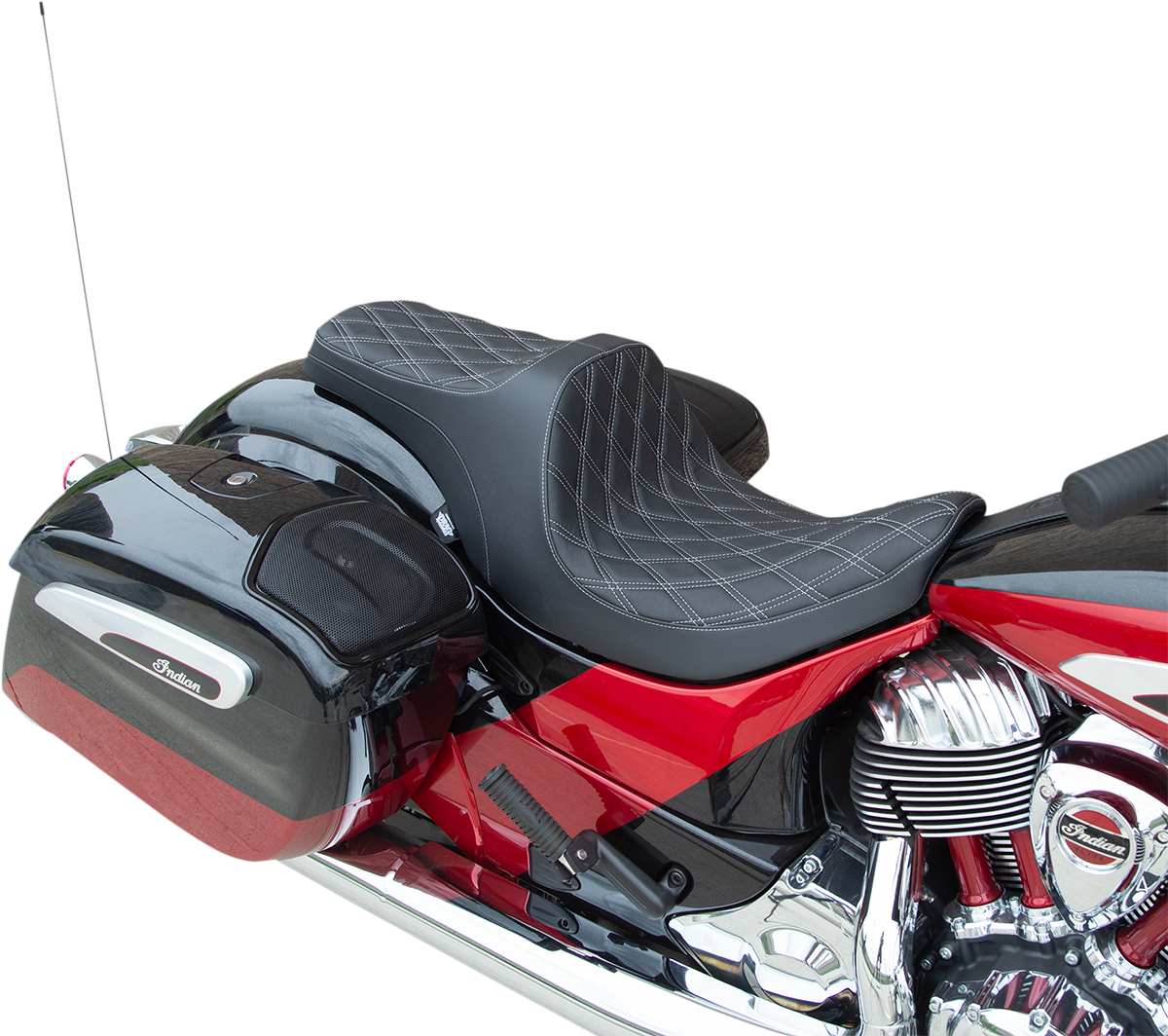 Drag Specialties Predator III seat for Indian bikes 2014-2022, silver stitching, double diamond design, forward positioning motorcycle seat.