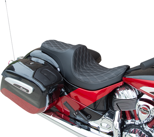 Drag Specialties Predator III seat for Indian bikes 2014-2022, silver stitching, double diamond design, forward positioning motorcycle seat.