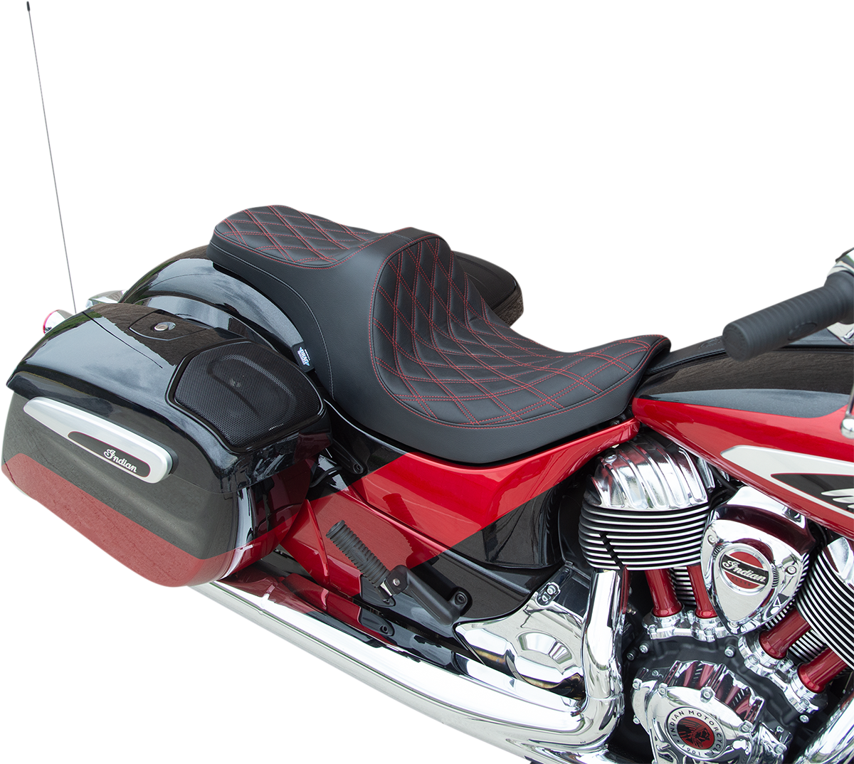 Drag Specialties Predator III motorcycle seat for Indian bikes, red stitching, forward positioning, double diamond design, part #0810-2272